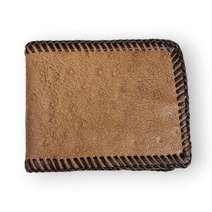 Vintage Ostrich Leather Bifold Wallet Brown Laced Edges Mens Unisex 70s 4.75"